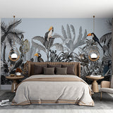 Light Background Wallpaper Mural with Watercolored Tropical Foliage