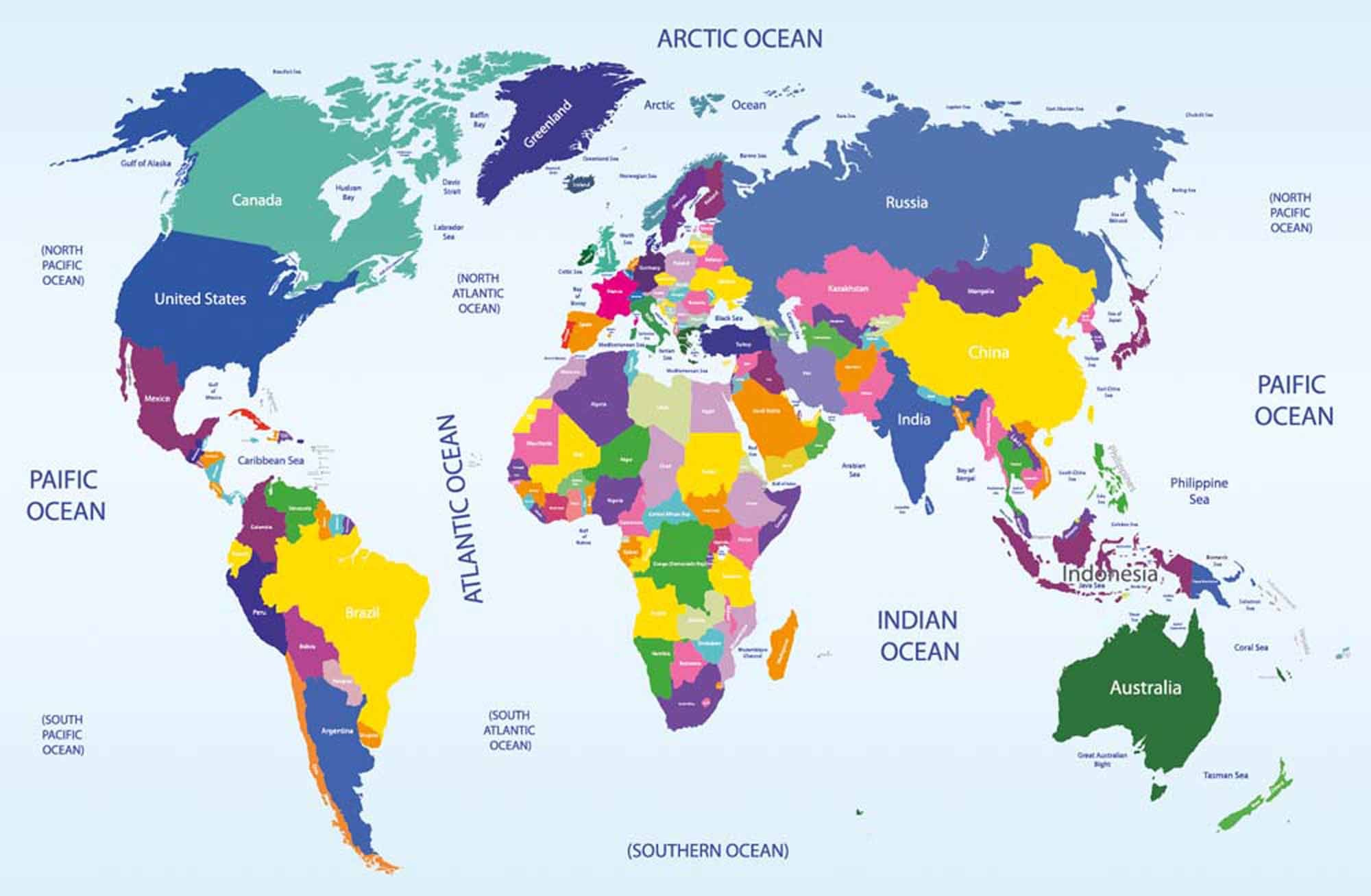 Brightly Colored Political World Map with Country Labels