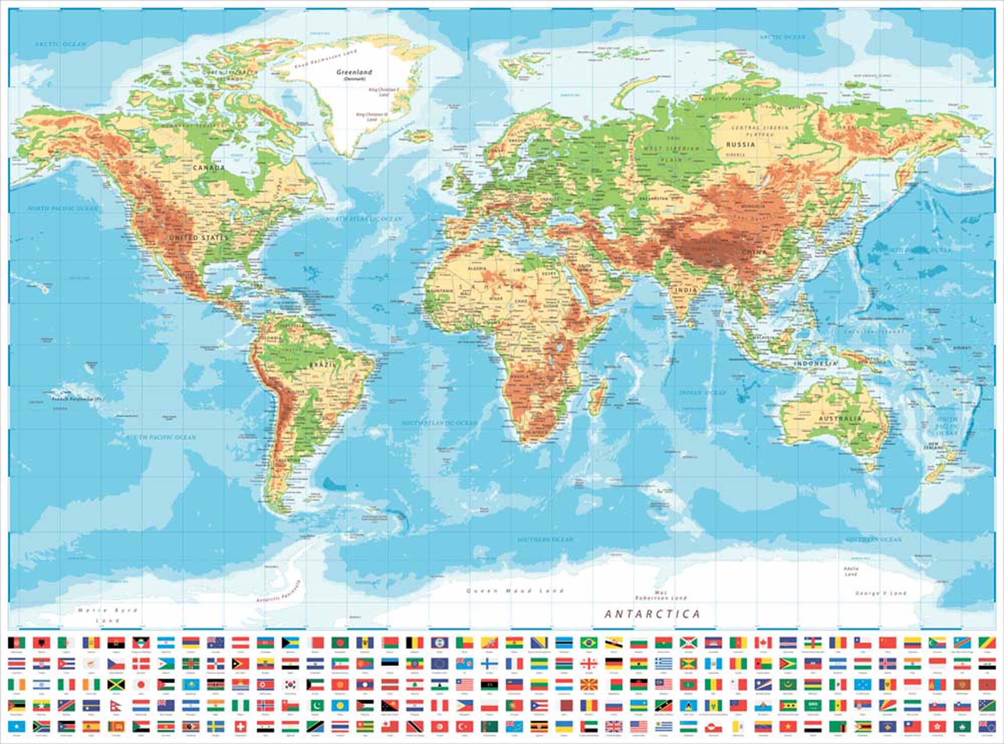 Mapa świata z flagami i terenem fizycznym