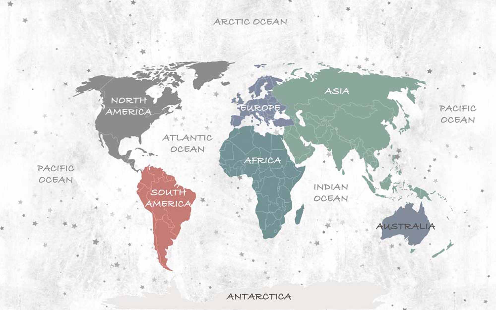 Minimalistyczna mapa świata z kontynentami oznaczonymi i pokolorowanymi