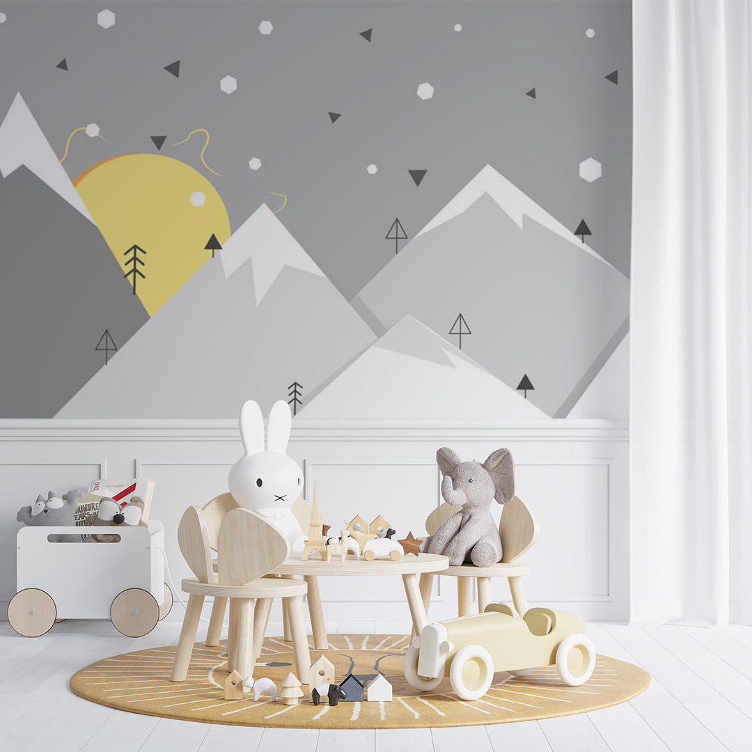 Custom Kids Wall Murals Geometric Mountains Sun Simple Design Nursery Wallpaper for Kids