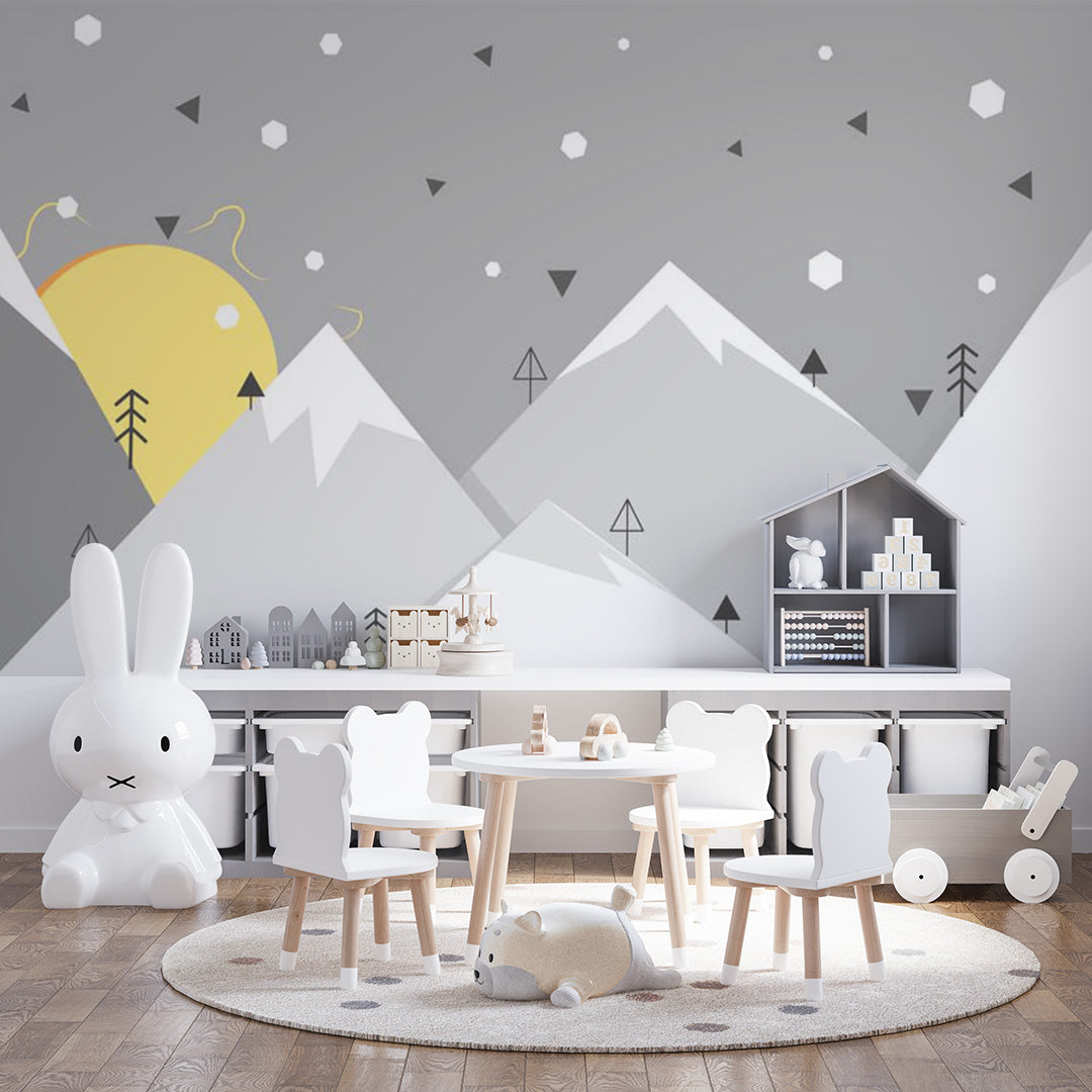 Kids Wall Murals Geometric Mountains Sun Simple Design Nursery Wallpaper for Kids