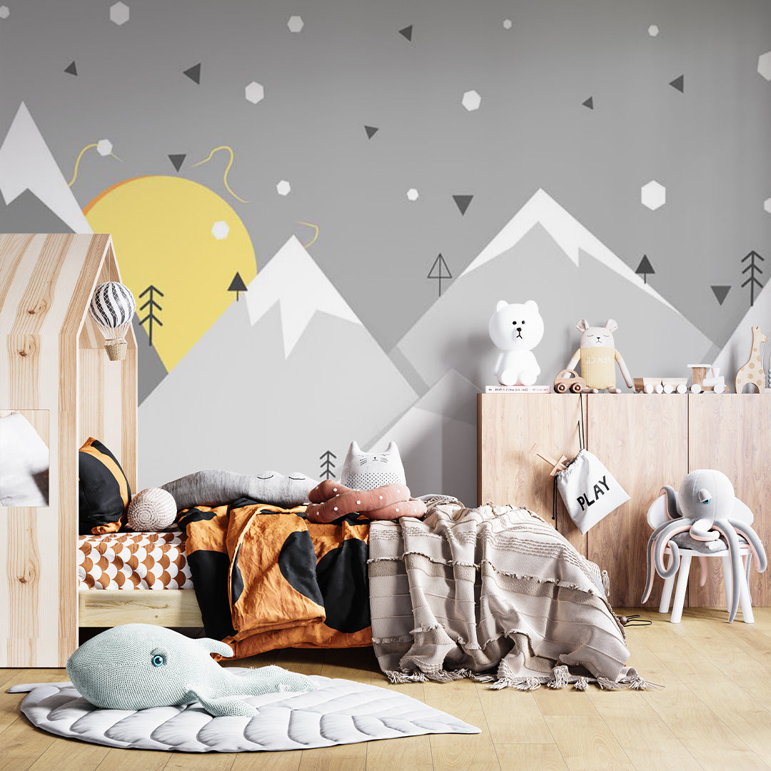 Kids Wall Murals Geometric Mountains Sun Simple Design Nursery Wallpaper for Kids