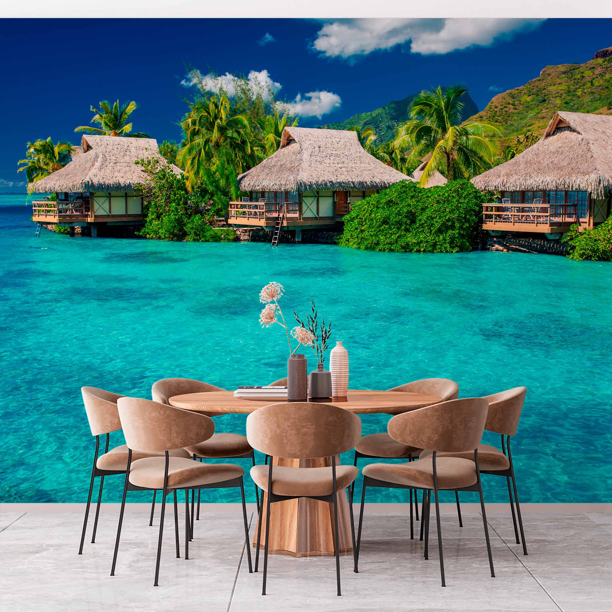 Luxurious Overwater Bungalows in Turquoise Lagoon Wall Mural Wallpaper