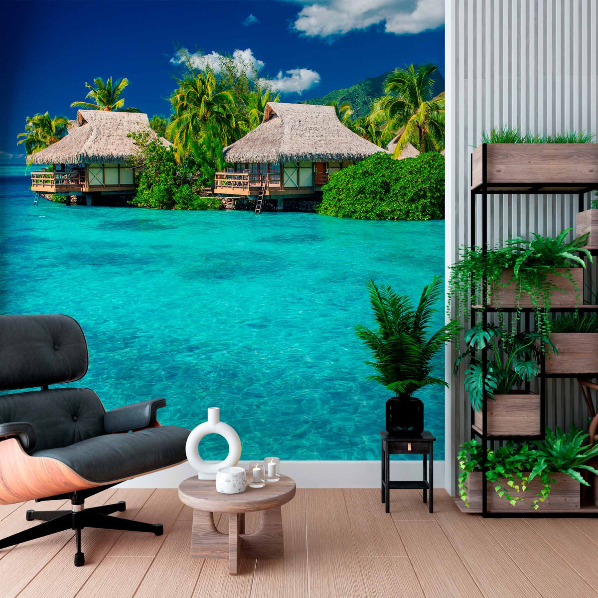 Luxurious Overwater Bungalows in Turquoise Lagoon Wall Mural Wallpaper