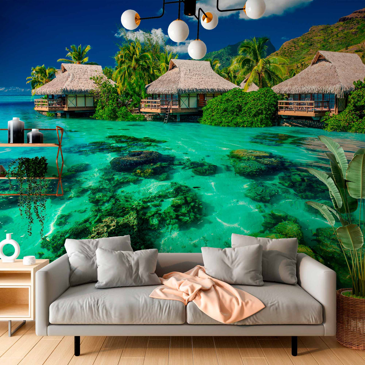 Crystal Clear Lagoon with Overwater Bungalows Wall Mural Wallpaper