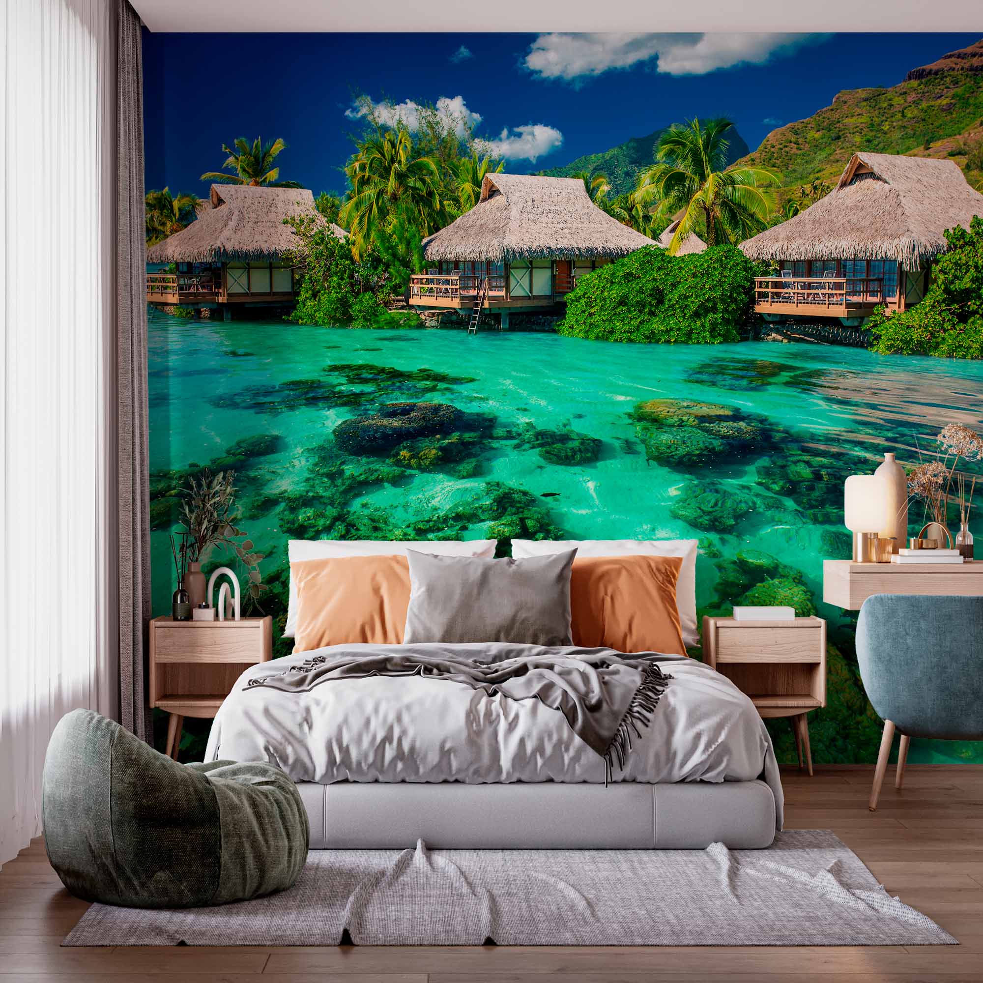 Crystal Clear Lagoon with Overwater Bungalows Wall Mural Wallpaper