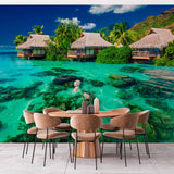 Crystal Clear Lagoon with Overwater Bungalows Wall Mural Wallpaper