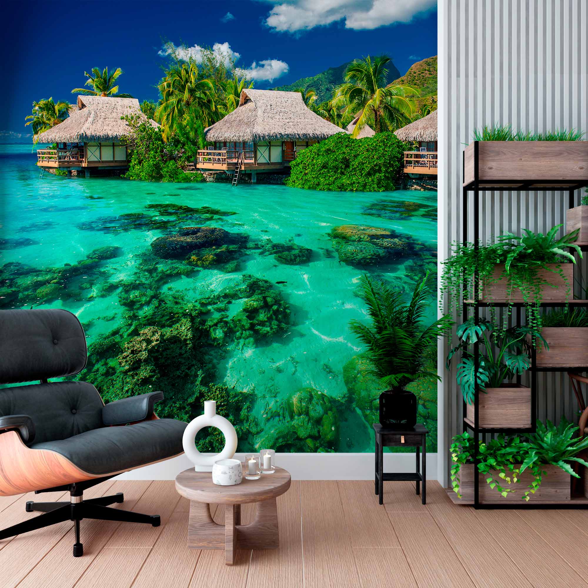 Crystal Clear Lagoon with Overwater Bungalows Wall Mural Wallpaper