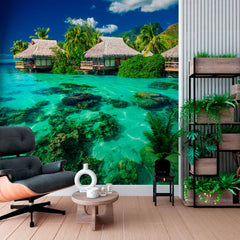 Custom Crystal Clear Lagoon with Overwater Bungalows Wall Mural Wallpaper