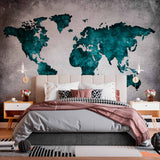 Teal Cracked World Map on Grunge Background