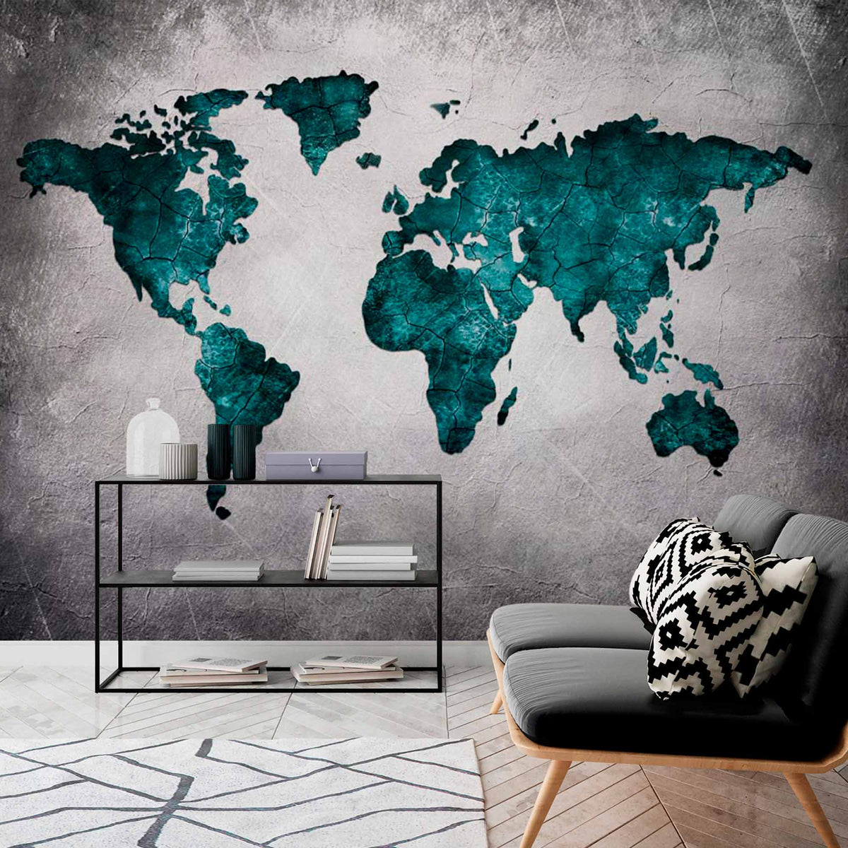 Teal Cracked World Map on Grunge Background