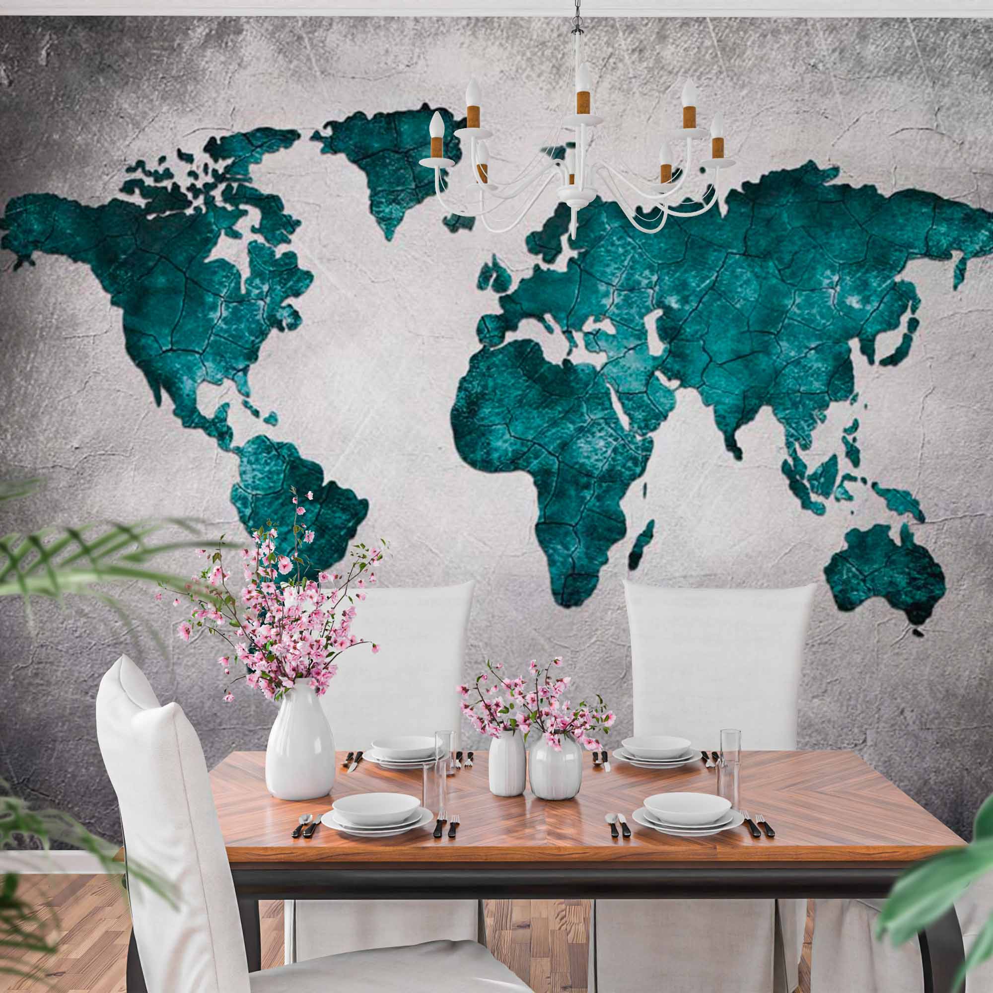 Teal Cracked World Map on Grunge Background