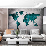 Teal Cracked World Map on Grunge Background