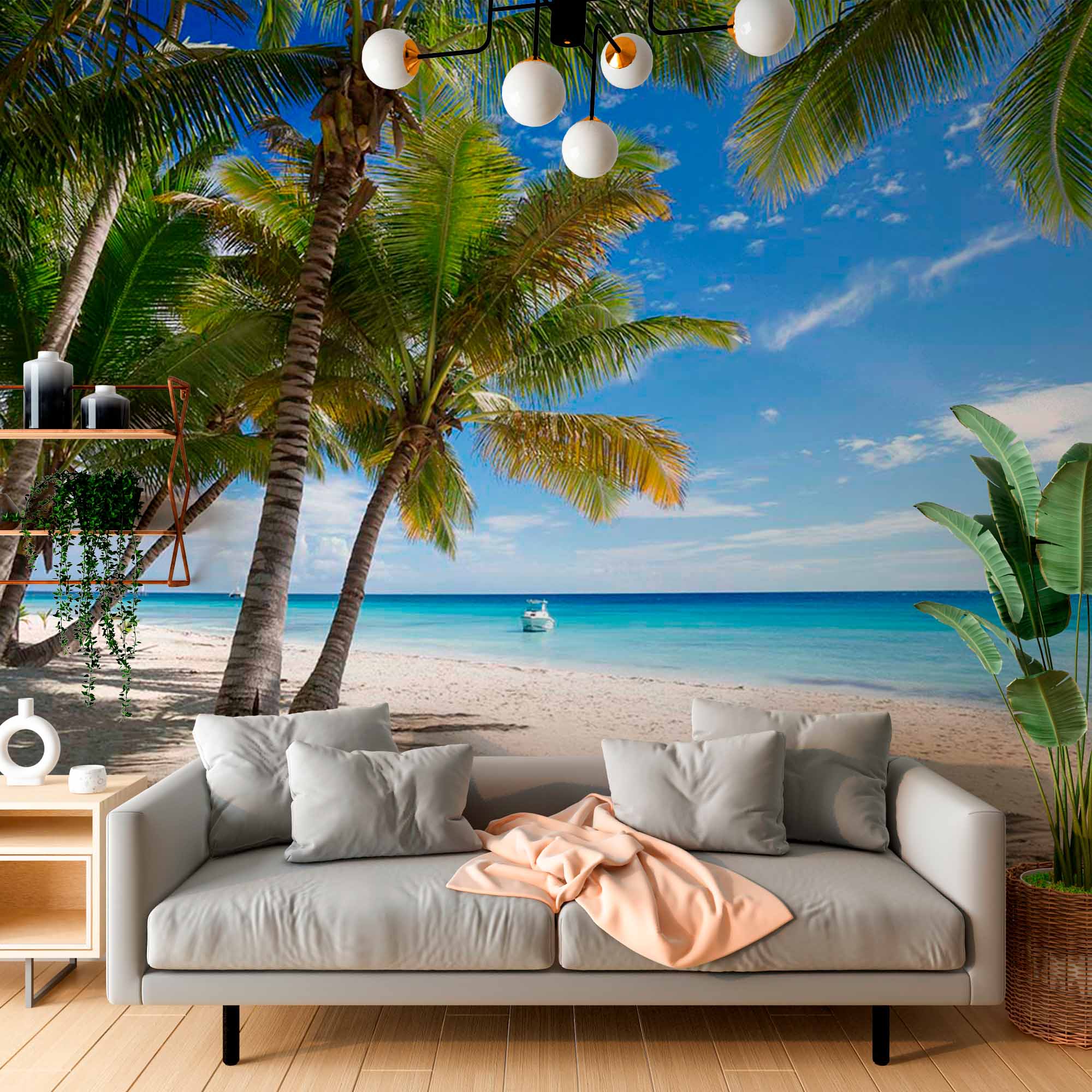 Tropical Beach with Palm Trees and Boat Wall Mural Wallpaper