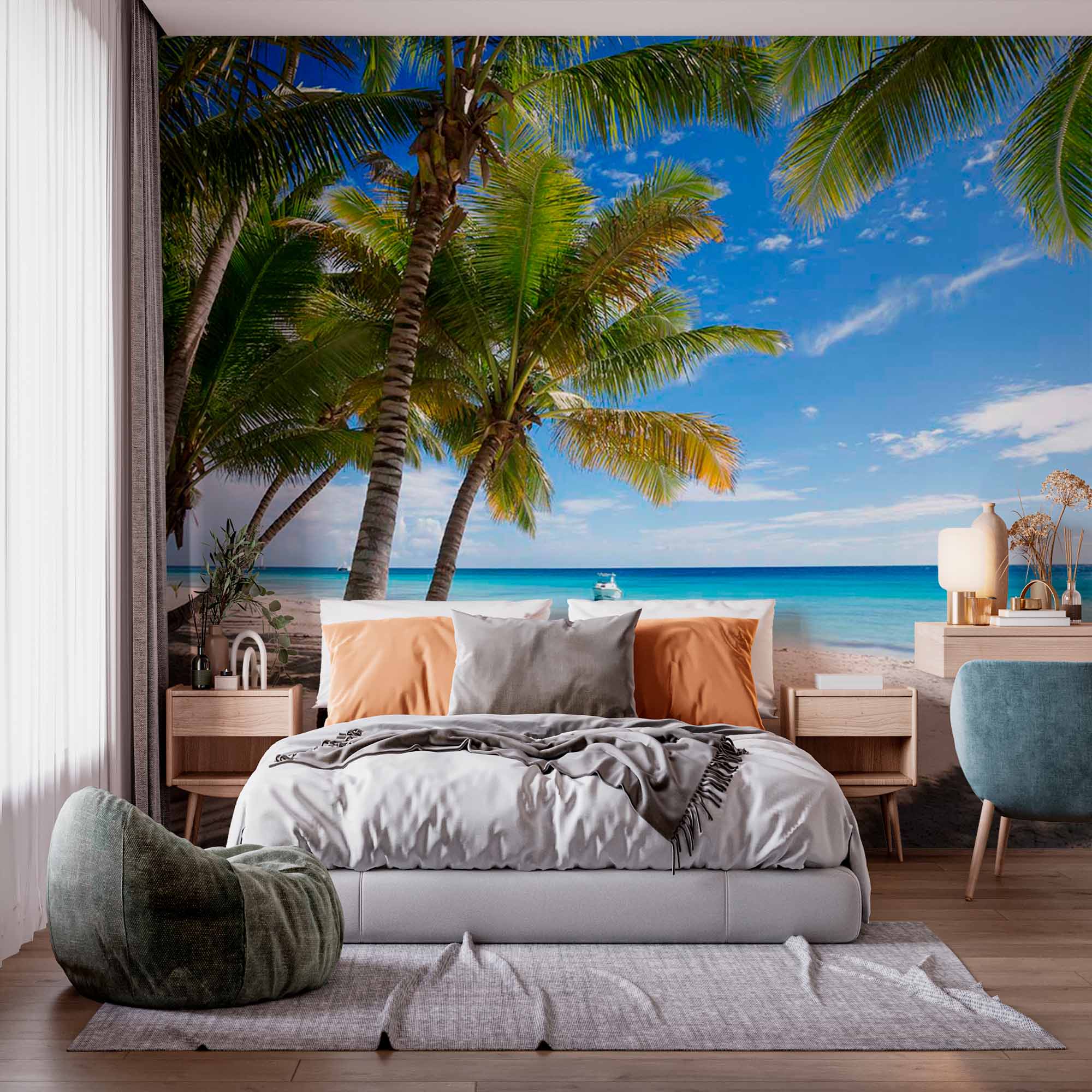 Tropical Beach with Palm Trees and Boat Wall Mural Wallpaper