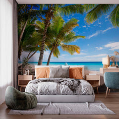 Custom Tropical Beach with Palm Trees and Boat Wall Mural Wallpaper