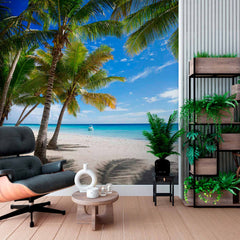 Custom Tropical Beach with Palm Trees and Boat Wall Mural Wallpaper