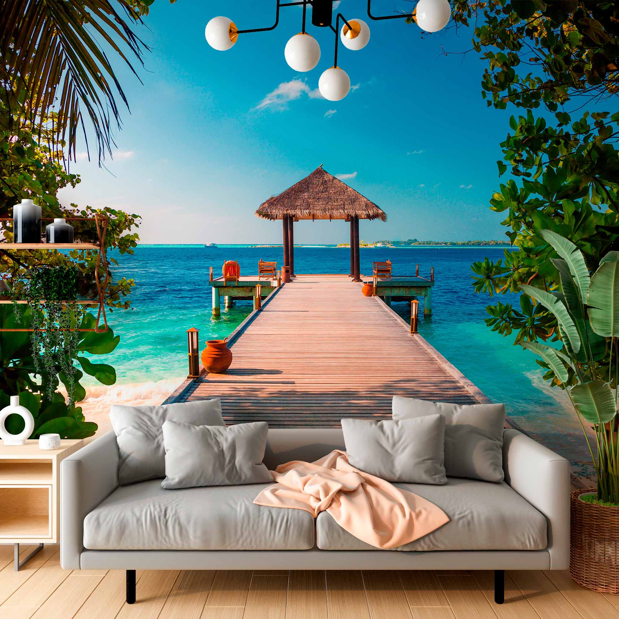 Tropical Pier with Thatched Gazebo Wall Mural Wallpaper