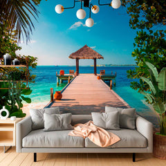 Custom Tropical Pier with Thatched Gazebo Wall Mural Wallpaper