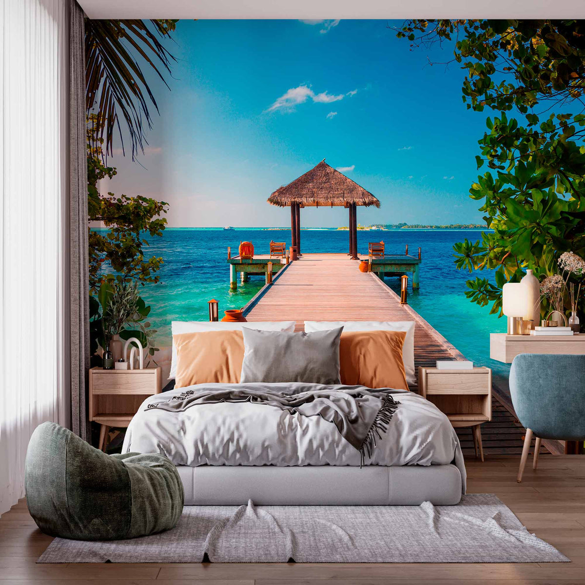 Tropical Pier with Thatched Gazebo Wall Mural Wallpaper