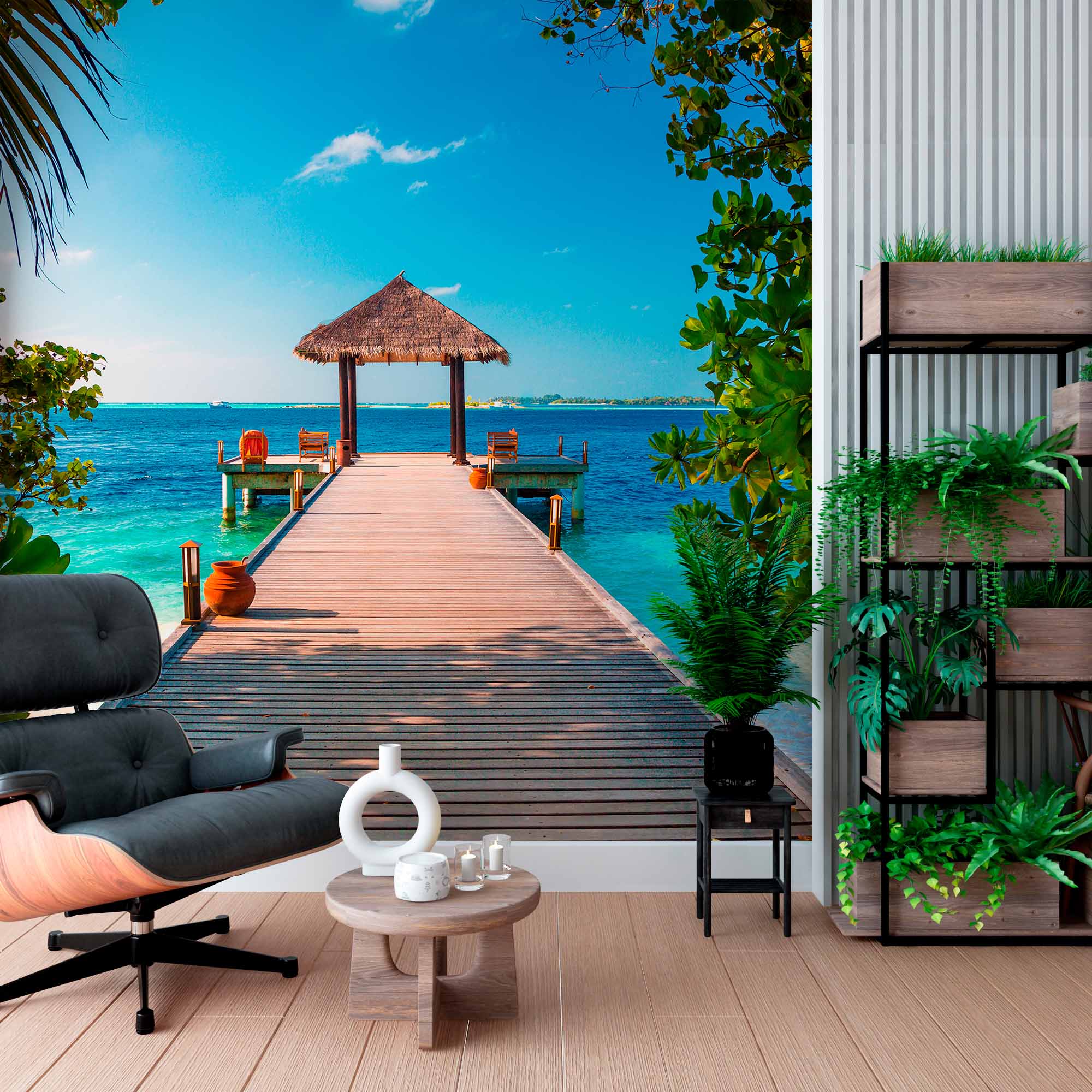 Tropical Pier with Thatched Gazebo Wall Mural Wallpaper