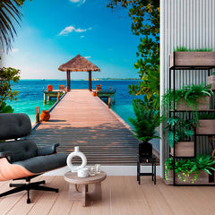 Custom Tropical Pier with Thatched Gazebo Wall Mural Wallpaper