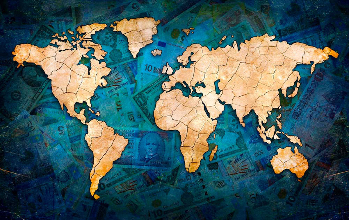 Cracked World Map on Money Wallpaper – Orange Continents on Teal Currency