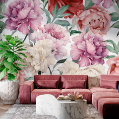 Custom Elegant Peony Flower Wall Mural with Multicolor Floral Design