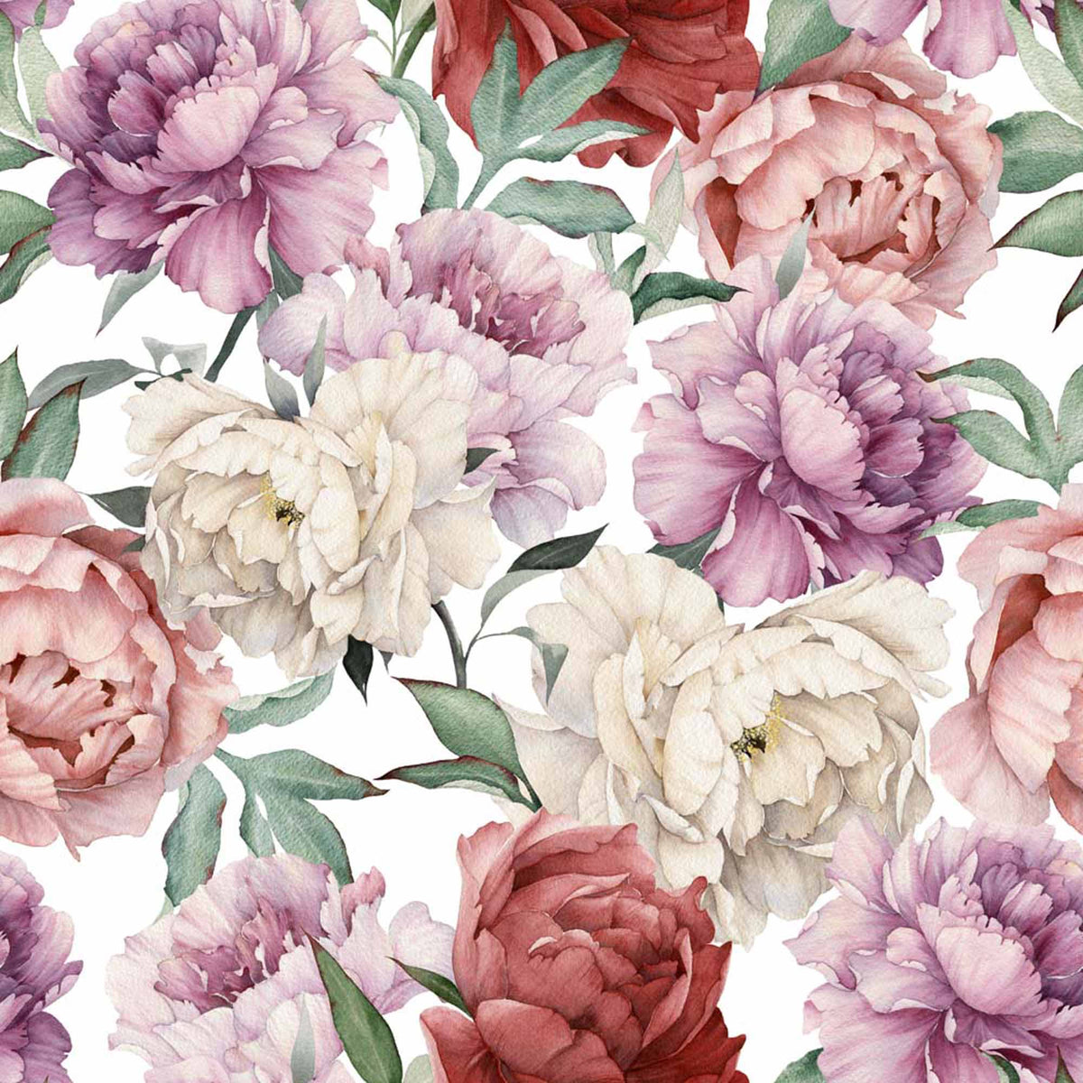 Papier peint pivoines multicolores – Papier peint panoramique grandes pivoines roses, violettes et crème