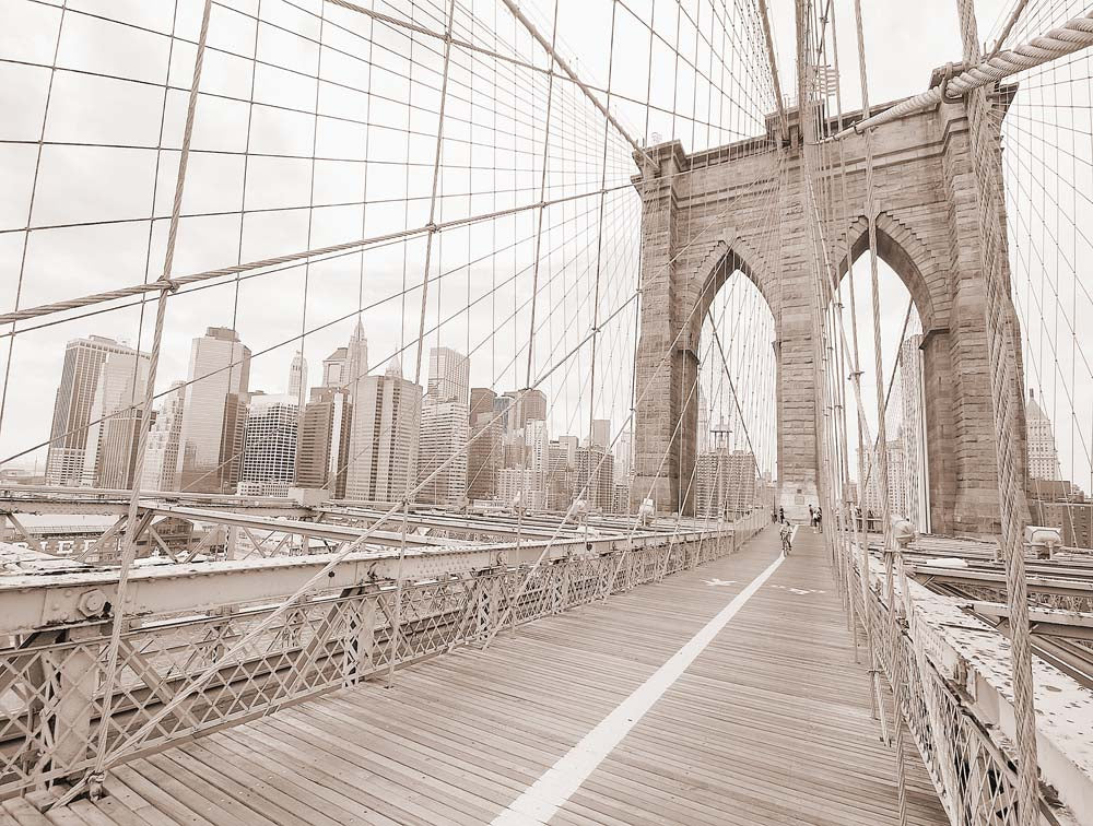 Sepia-Toned Brooklyn Bridge with New York City Skyline Wall Murals