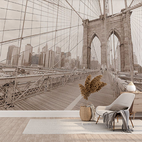 Sepia-Toned Brooklyn Bridge with New York City Skyline Wall Murals