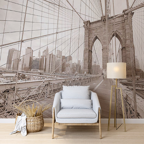 Sepia-Toned Brooklyn Bridge with New York City Skyline Wall Murals