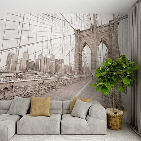 Sepia-Toned Brooklyn Bridge with New York City Skyline Wall Murals