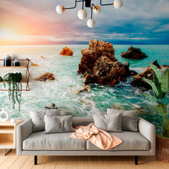 Custom Sunset Over Rocky Coastline Wall Mural Wallpaper