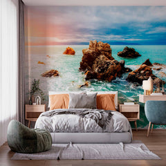 Custom Sunset Over Rocky Coastline Wall Mural Wallpaper