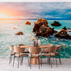 Custom Sunset Over Rocky Coastline Wall Mural Wallpaper