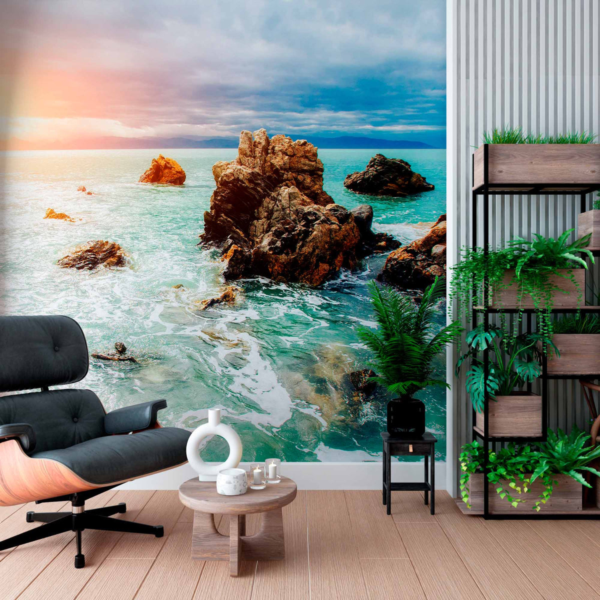 Custom Sunset Over Rocky Coastline Wall Mural Wallpaper