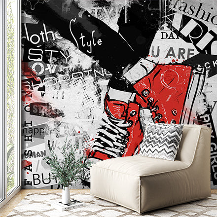 Street Style Graffiti Wall Mural Wallpaper - Red Sneakers and Urban Typography Design