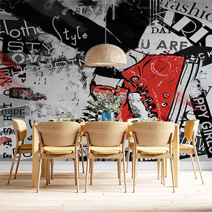 Street Style Graffiti Wall Mural Wallpaper - Red Sneakers and Urban Typography Design