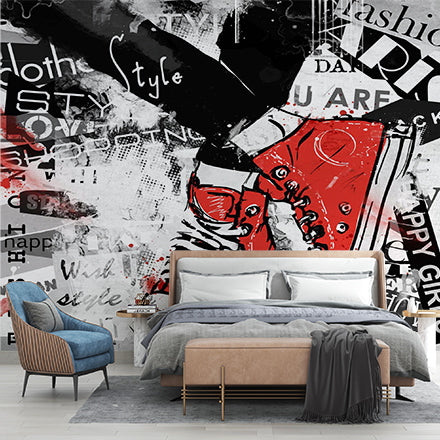 Street Style Graffiti Wall Mural Wallpaper - Red Sneakers and Urban Typography Design