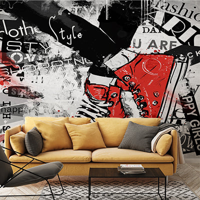 Street Style Graffiti Wall Mural Wallpaper - Red Sneakers and Urban Typography Design