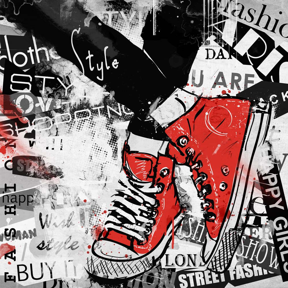 Street Style Graffiti Wall Mural Wallpaper - Red Sneakers and Urban Typography Design