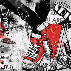 Custom Street Style Graffiti Wall Mural Wallpaper - Red Sneakers and Urban Typography Design