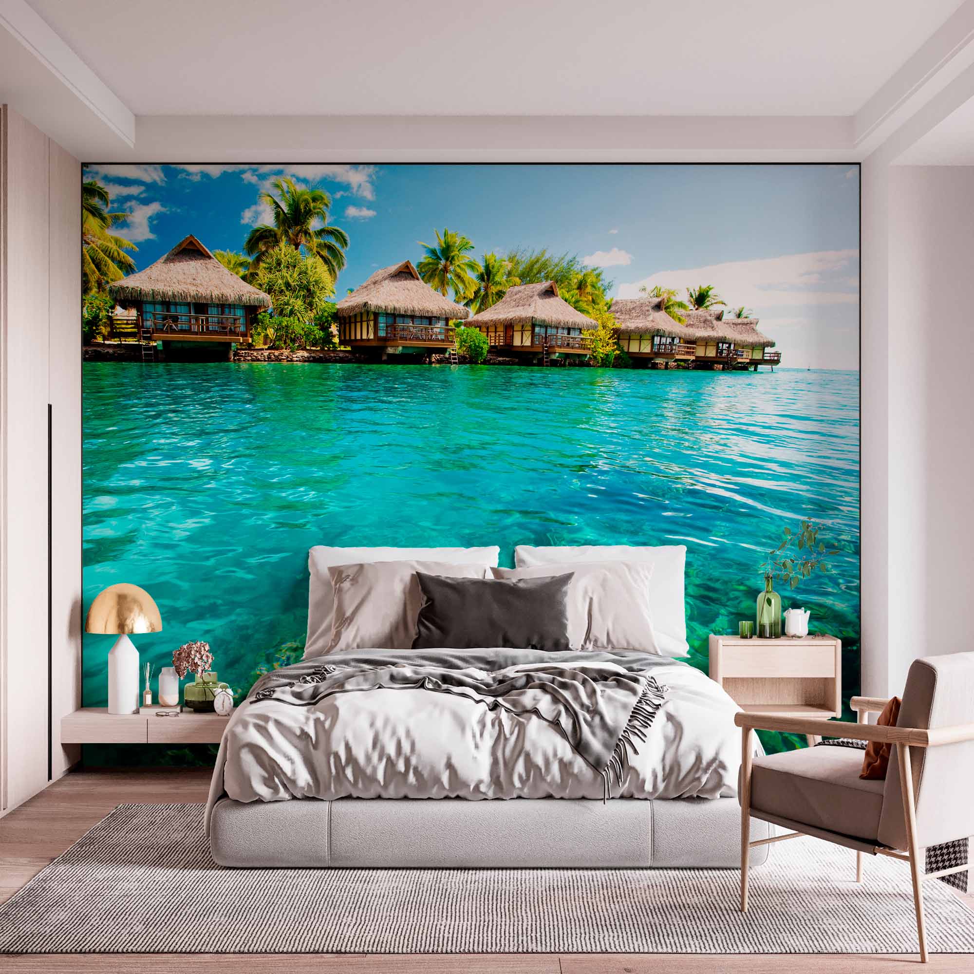 Overwater Bungalows on Tropical Lagoon Wall Mural Wallpaper