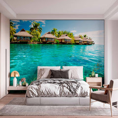 Custom Overwater Bungalows on Tropical Lagoon Wall Mural Wallpaper