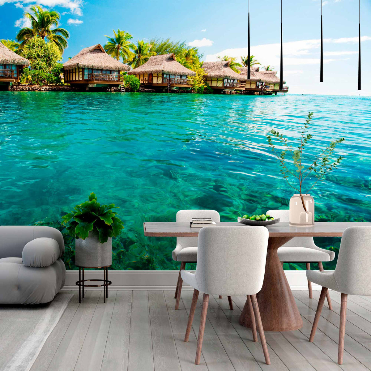 Custom Overwater Bungalows on Tropical Lagoon Wall Mural Wallpaper