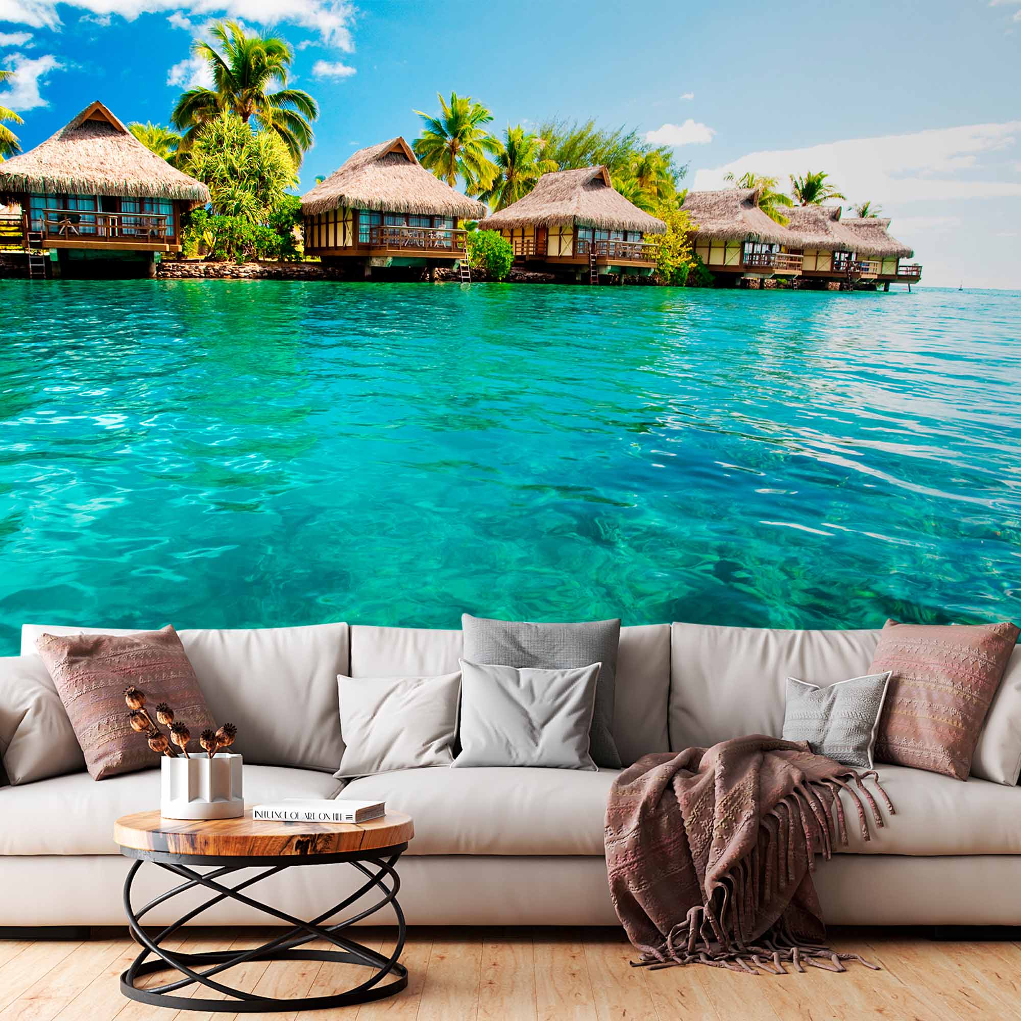 Overwater Bungalows on Tropical Lagoon Wall Mural Wallpaper