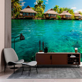 Overwater Bungalows on Tropical Lagoon Wall Mural Wallpaper