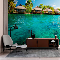 Custom Overwater Bungalows on Tropical Lagoon Wall Mural Wallpaper